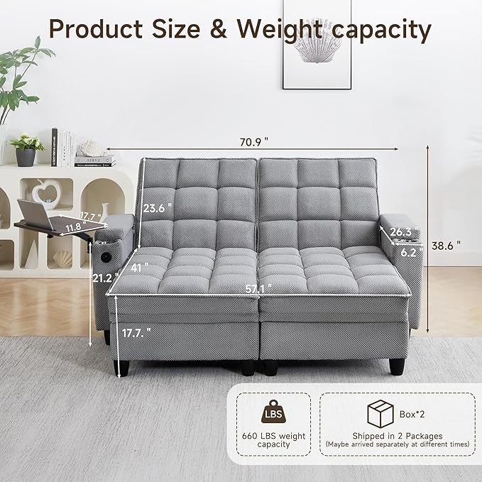 70.9'' Double Chaise Lounge with 360 Degree rotatable Side Table Comfy Corduroy Indoor Lounge Chair with Armrest Storage Cup Holder USB Port Pillow for Living Room (Light Gray)