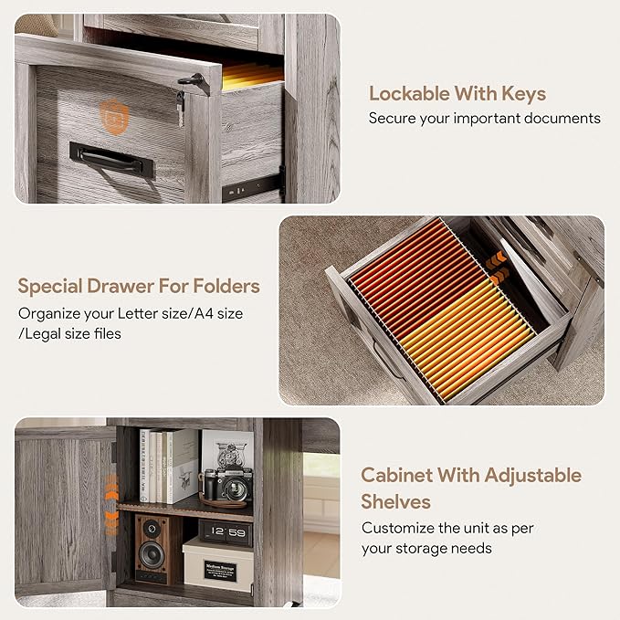 L Shaped Farmhouse Executive Desk with Drawers 67 Home Office Desks with Fast Charging Station Lockable File Cabinet Wood Writing Computer Desk for Work Study Grey