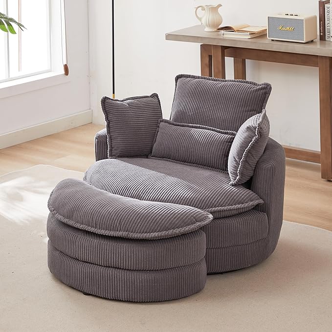 Modern Swivel Chair 38 W Oversized Swivel Chair with Moon Storage Ottoman Accent Round Loveseat Circle Swivel Barrel Chairs with 4 Pillows Cuddle Sofa Chair Lounger Armchair (Grey * 99)