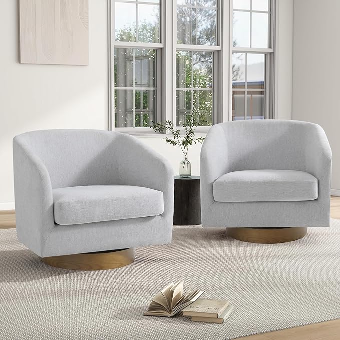 Swivel Barrel Chair Modern Round PU Leather Accent Armchair for Living Room Bedroom Oversized Comfy Club Reading Chairs for Adults (Chenille Beige Set of 2)