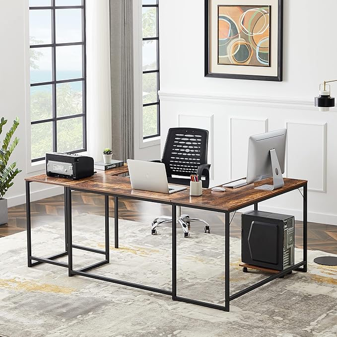 U Shaped Computer Desk Industrial Corner Writing Desk with CPU Stand Gaming Table Workstation Desk for Home Office (Brown) (Old SKU: WF198675AAT)