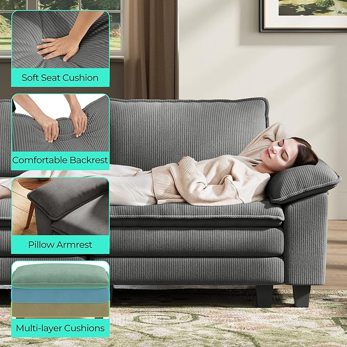 LINSY HOME 157'' Modular Sectional Sofa Grey Couch Corduroy Cloud Couches for Living Room U Shaped Couch with Movable Ottoman Modern Cloud Sectional Sofas for Bedroom and Apartment Grey