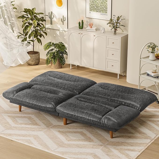 Homall Futon Sofa Bed Modern Loveseat Futon Couch with Adjustable Backrest and Armrests Sleeper Sofa Bed with Wood Frame for Living Room Office Apartment (Leathaire Coal Black)