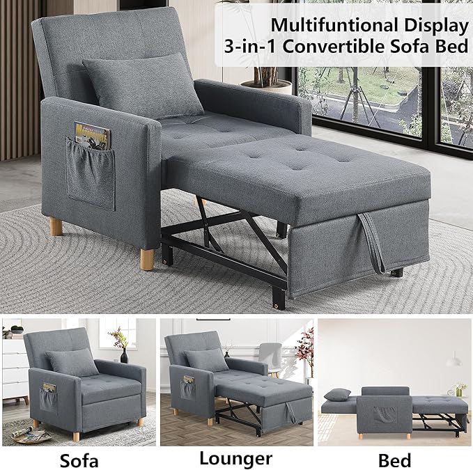 Sleeper Sofa Chair Bed 3-in-1 Single Convertible ChairMulti-Functional Sleeper Chair with Soft Fabric for Living Room Dorm Apartment Bedroom or Office (Drak Grey)