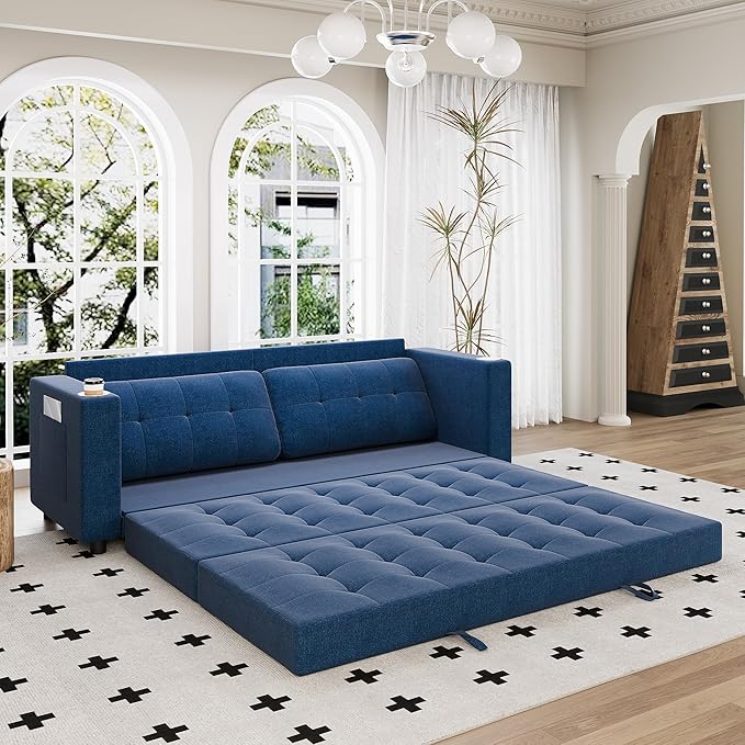 Upgraded Queen Size Futon Sofa Bed 83 Thick Upholstery Loveseat Sleeper Sofa Pull Out Couch Convertible Floor Couch for Bedroom/Entertainment Room/Apartment (Blue)