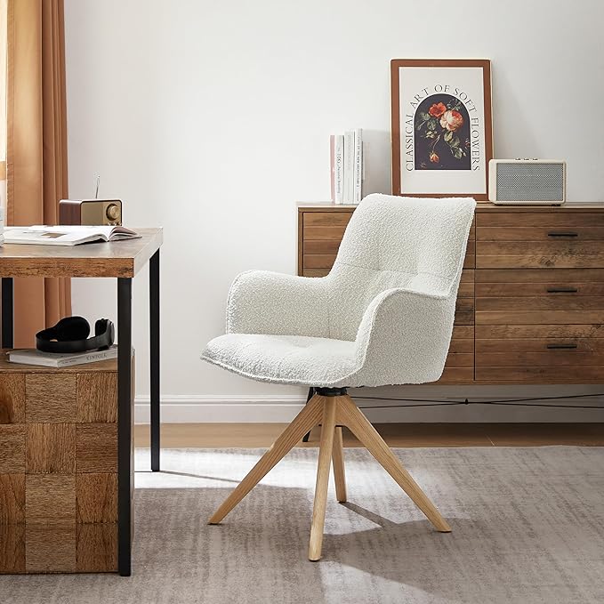 Art Leon Desk Chair No Wheels - Mid Century Modern Swivel Accent Chair Boucle Fabric Upholstered Office Chair with Oak Wood Legs for Small Space Living Room Bedroom Off White
