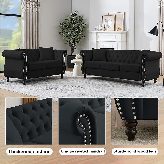 2 Piece Modern Black Velvet 80 3-Seater and 59 Loveseat Sofa Sets Chesterfield Tufted Combination Couch with 4 Pillows 8 Rolled Nailhead Arms Sofa for Living Room