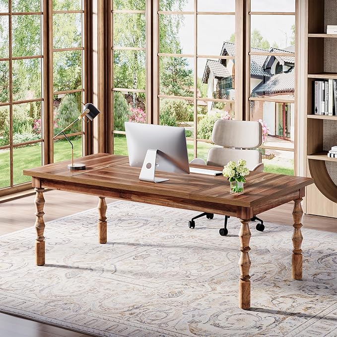 Tribesigns Large Executive Office Desk 62.2-Inch Farmhouse Modern Computer Desk Mid Century Study Writing Table Workstations Business Office Furniture with Carved Turned Legs (Walnut)