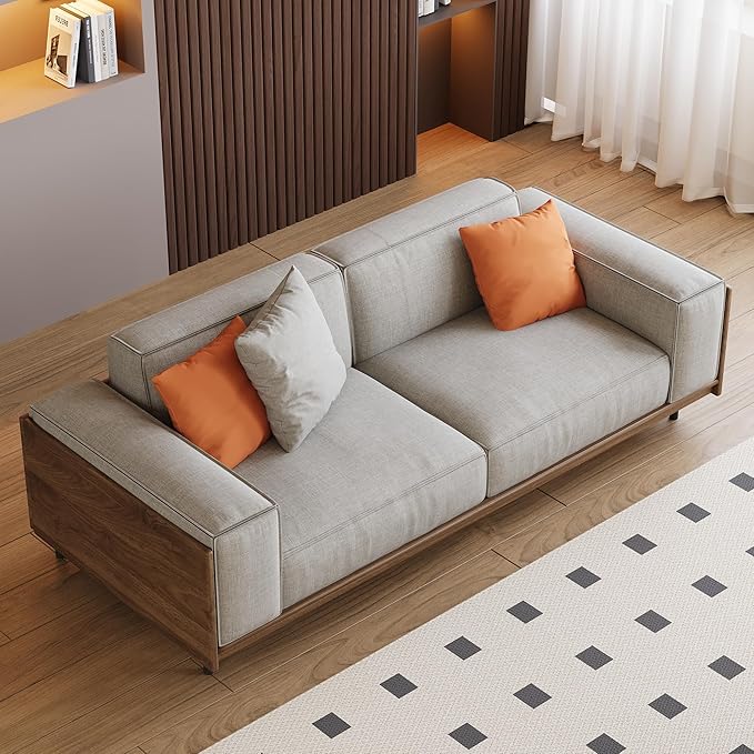 64.56 Mid-Century Modern 2-Seater Fabric Sofa Couch with Sturdy Solid Wood Frame &amp High-Density Rebound Foam Upholstered Futon-Style Furniture for Living Room Apartment Office Grey