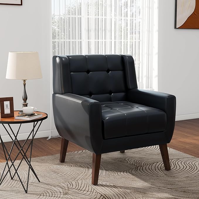 Pia Ricco 2 Pack Mid Century Modern Accent Chairs Button Tufted Faux Leather Armchairs - Easy-Clean Matching Set for Living Room Durable Sofa Chairs for Home Office &amp Lounge Black