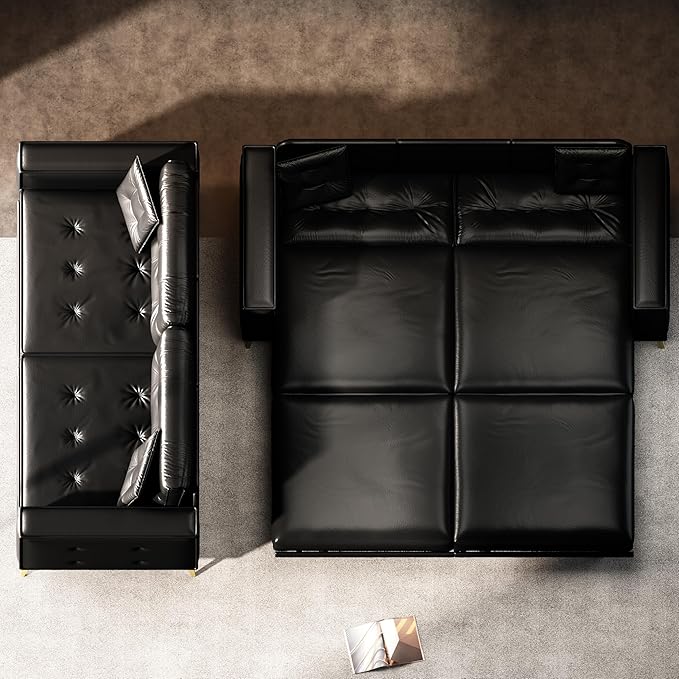 KEIKI 92.1 King Size Pull Out Sofa Bed 3-in-1 Faux Leather Convertible Sleeper Clouch with 2 Pillows 4-Seater Sofa Bed for Living Room Apartment Office Black