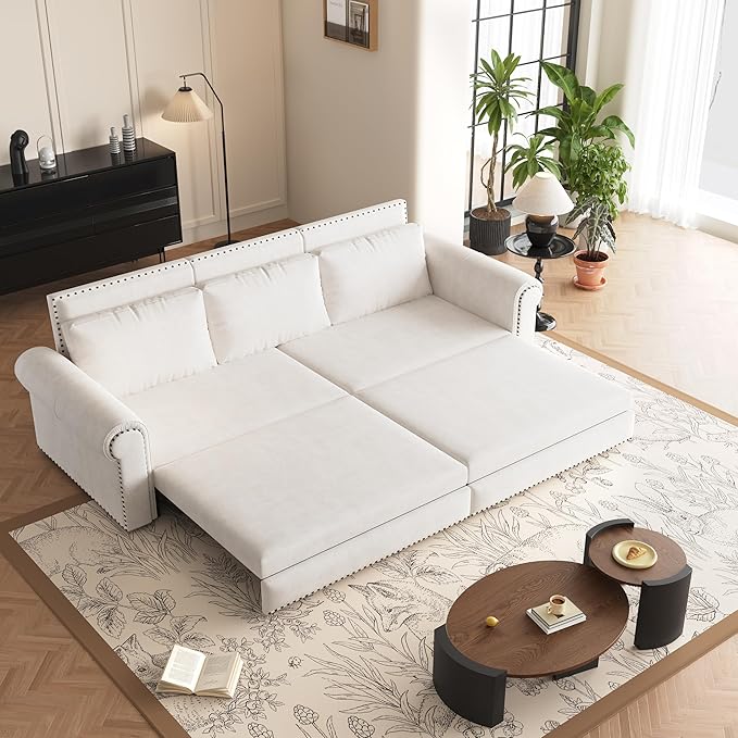King Size 93.7 Pull Out 3 Seat Sofa with 2 Pillows 3-in-1 Velvet Fabric Convertible Sleeper Sofa Bed Fold Couch for Living Room Office and Small Space Beige