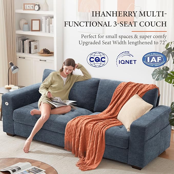 Ihanherry 2-Seater Couch with Extra Large Sofa Seat Width &amp Depth USB/Type-C Charging Port &amp Side Pocket Modern Sofa for Living Room Removable Medium Firm Cushion Breathable Chenille(89inc