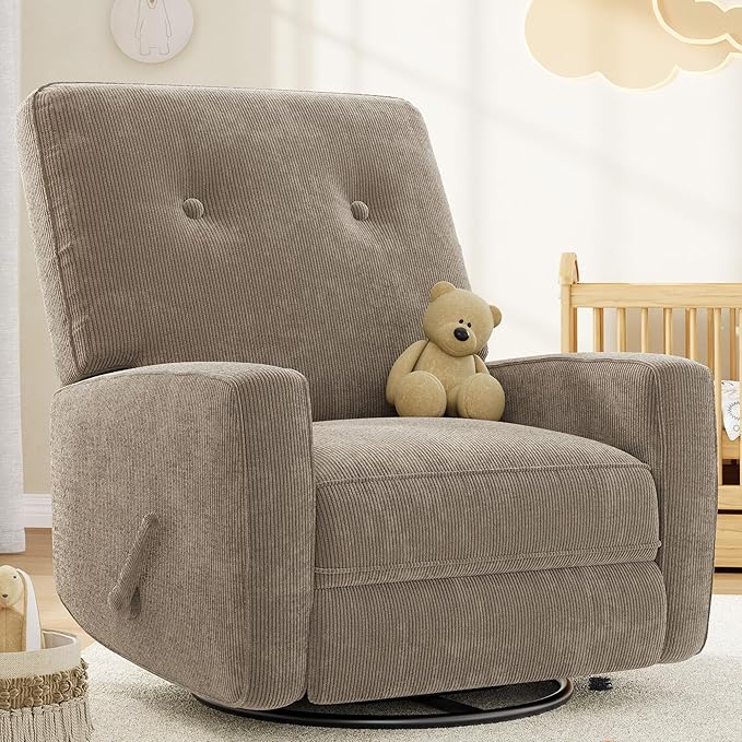 Recliner Chair 360° Swivel Rocking Glider Chair for Adults with Adjustable Backrest &amp Footrest Cozy Corduroy Upholstered Armchair for Living Rooms Bedrooms Apartments Brown Grey