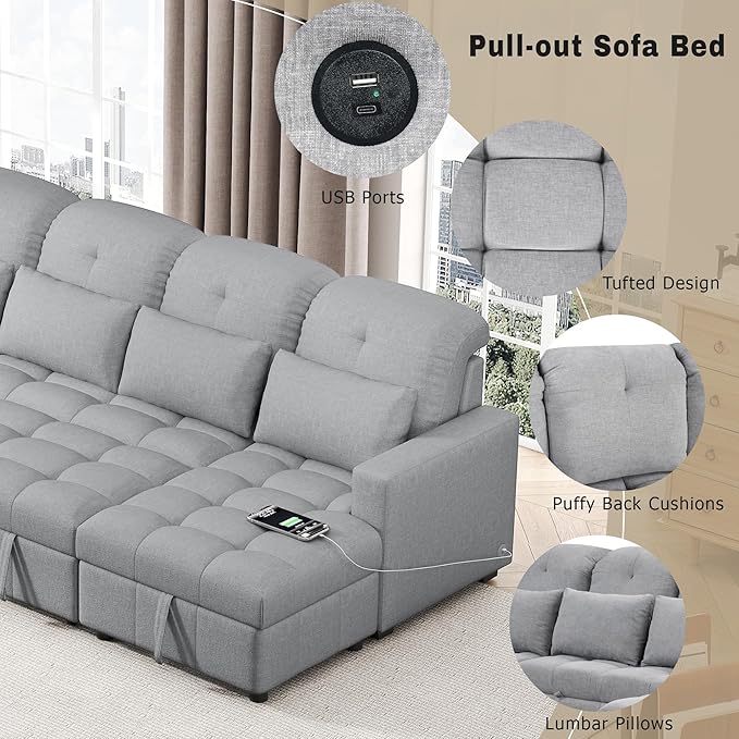 Harper &amp Bright Designs 110.2 Oversized U-Shaped Sofa Versatile Sectional Sofa Pull-Out Sofa Bed with Double Storage Chaise Lounges and Two USB Ports for Living RoomGray