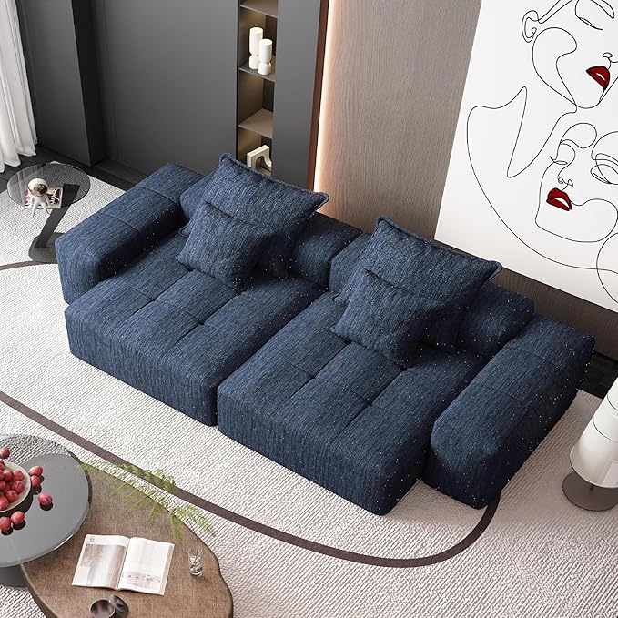 113'' Cloud Couch Modular Sectional Sofa Oversized Loveseat Compression Boneless Sofa with Deep Seat Chenille Sleeper Chaise Longue Minimalist Couches for Living Room Blue