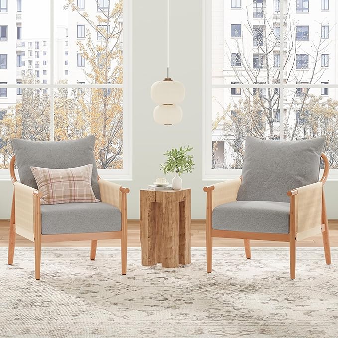 Soohow Mid-Century Modern Braid Armchair Wooden Accent Chair for Living Room &amp Bedroom Reading Spaces