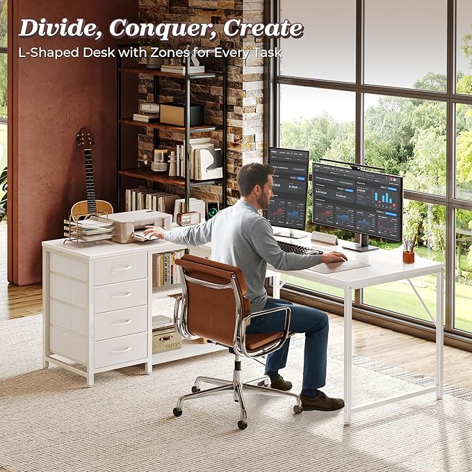 PRAISUN 53 L Shaped Desk with Power Outlets and USB-C Port Reversible Computer Corner Office Desk with 4 Fabric Drawers and 2 Height-Adjustable Shelves Large for Gaming Writing Work Study White