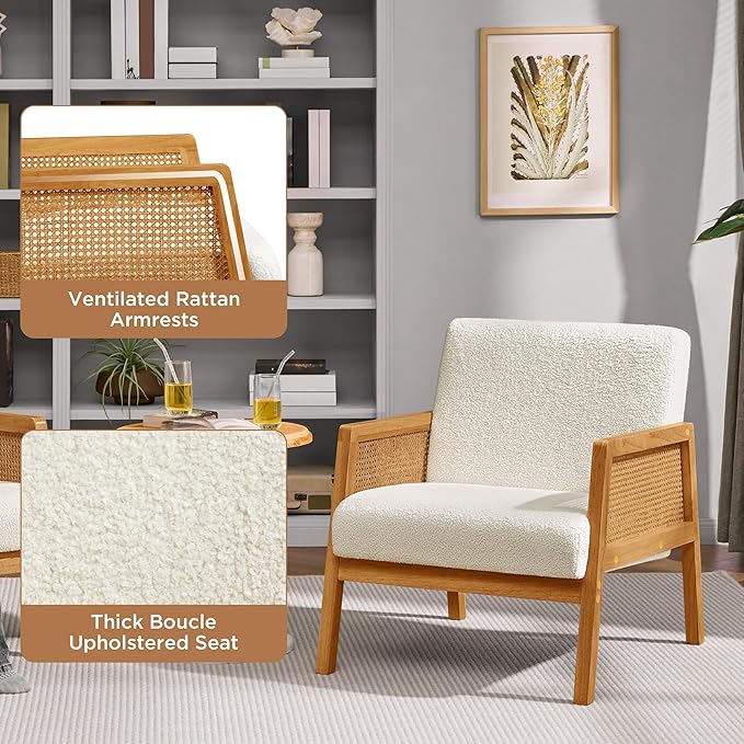 Yaheetech Boucle Fabric Accent Chair Vintage Rattan Vanity Chair with Wood Armrest and Legs for Living Room Bedroom Makeup Room Ivory 1