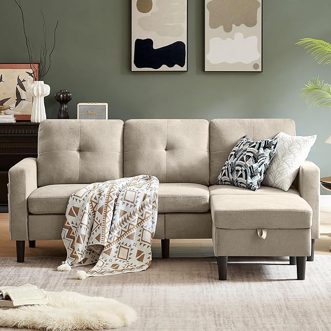 80 Convertible Sectional Sofa Couch with Movable Ottoman 3 Seats Sectional Sofas L Shaped Couch for Small Spaces Soft Fabric Couch for Living Room (Beige)
