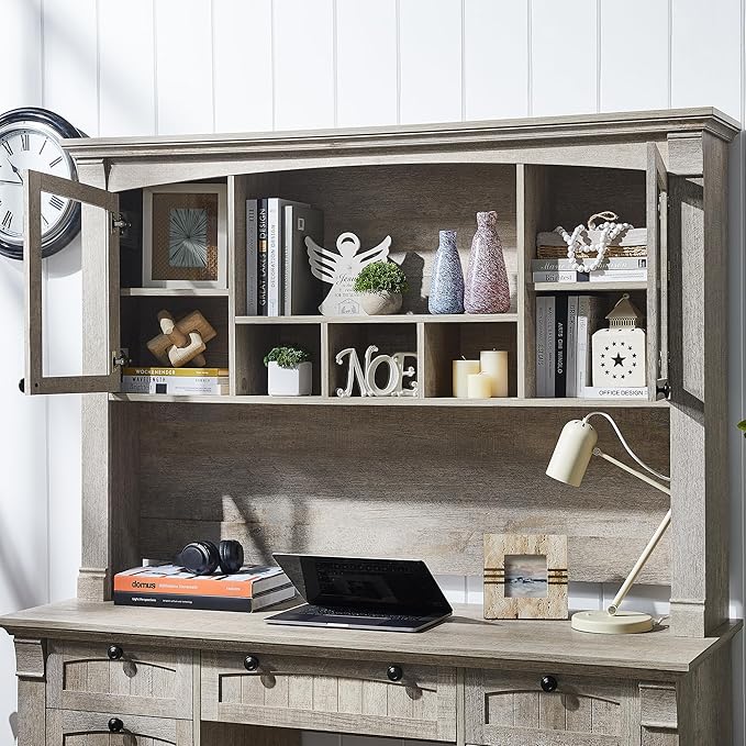 OKD 60 Executive Desk with Hutch and Drawers Farmhouse Home Office Desk with Charging Station Keyboard Tray File Cabinet Storage Wood Computer Desk for Work and Study Light Rustic Oak