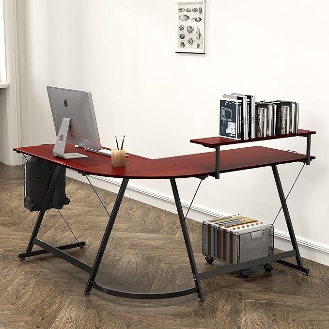 SHW 51 x 51 Inches Vista L-Shaped Desk with Monitor Stand and Drawer Cherry