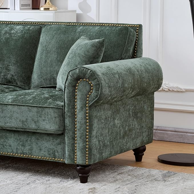 Loveseat Velvet Fabric Two- Seater Couch Buckle Design and Rivet Decoration Deep Seated Double Sofa Suitable for Living Room Bedroom Apartment Hotel etc (green-01)