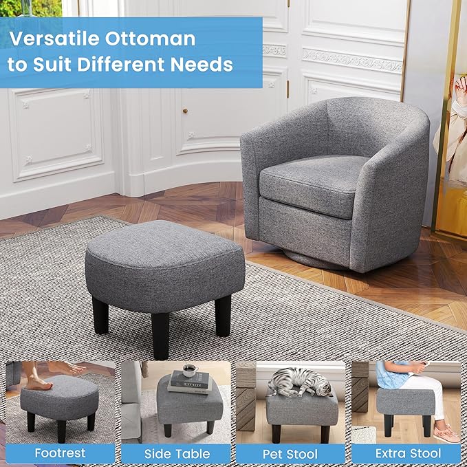 Swivel Chair with Ottoman Modern Barrel Accent Chairs with Removable Seat Cushion Comfy Single Sofa Lounge Armchair Upholstered Round Club Reading Chair for Living Room Bedroom Office