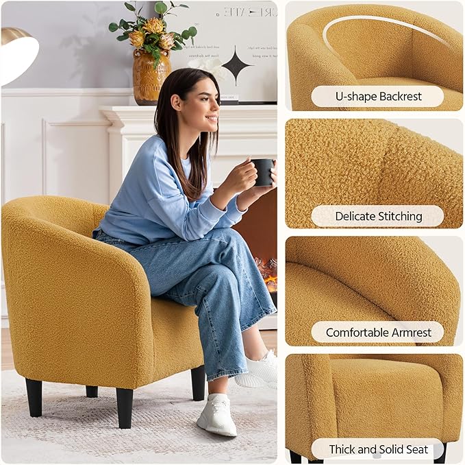 Yaheetech Accent Chairs for Living Room Furry Barrel Chairs Set of 2 Sherpa Chairs with Soft Padded Armrest Club Chairs for Bedroom Waiting Room Office Mustard Yellow