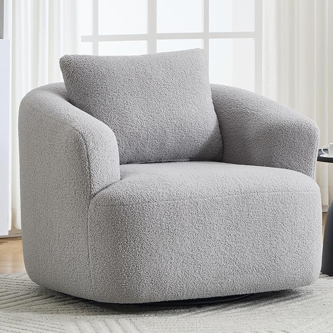 Swivel Accent Chair 360° Rotating Barrel Chair with Teddy Fleece Upholstery &amp High-Resilience Sponge Cushion Easy Assembly Single Sofa for Living Room Bedroom or Apartment (Light Grey)