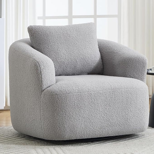Swivel Accent Chair 360° Rotating Barrel Chair with Teddy Fleece Upholstery &amp High-Resilience Sponge Cushion Easy Assembly Single Sofa for Living Room Bedroom or Apartment (Light Grey)