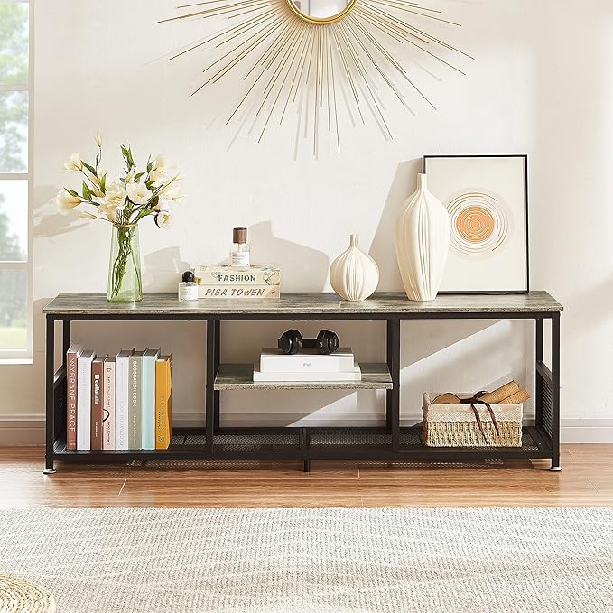 VECELO Industrial TV Stand for Televisions up to 65 Inch 55 Entertainment Center with Open Storage Shelves for Living Room/Bedroom 3 Tiers Media Console Table with Metal Frame Grey 55 Inches