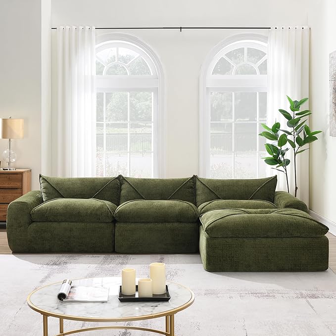 116'' Oversized Modular Sofa Fully Compressed 4 Seat Spacious Foam-Filled Sofa Bed for Living Room Free Combination Friendly Design L-Shaped Comfy Couches No Assembly Required (Green-QJ88)
