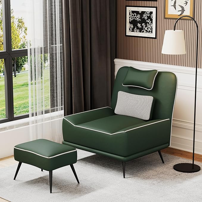 ALISH Modern Accent Chair with Ottoman Upholstered Chair and Ottoman Set Comfort Single Sofa Chair with Removeable Cushion for Living Room Bedroom(Green)