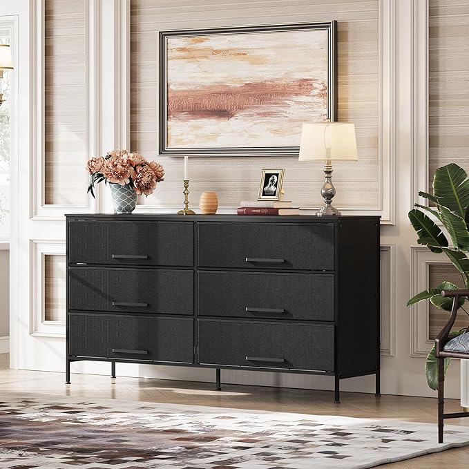 WLIVE Black TV Stand for 60 65 70 inch TV Large Entertainment Center with 6 Fabric Drawer TV Media Console Table with Wood Top Adjustable Feet for Living Room Hallway