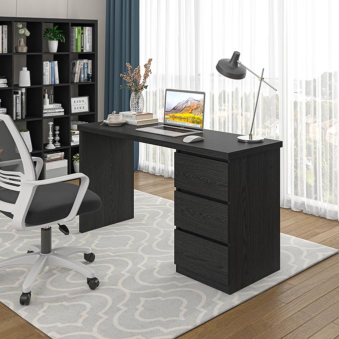 furtble Computer Desk with Drawers 53.5 inches Wood Work Desk Home Office Desks Workstation with Storage Modern Gaming Computer Table for Bedroom Living Room Black