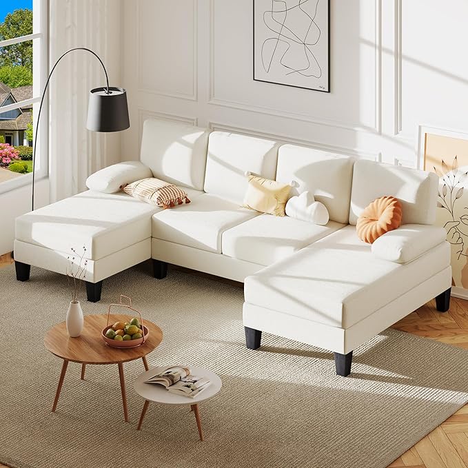 Bezseller 107.3 Sectional Couches for Living Room U Shaped Modular Sofa Couch with Cushion &amp Corduroy Fabric 4-Seat Comfy Furniture Sets with Double Chaise for Apartment Reception Room Beige