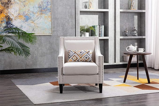 Accent Armchair Living Room Chair with Nailheads and Solid Wood Legs Beige Linen