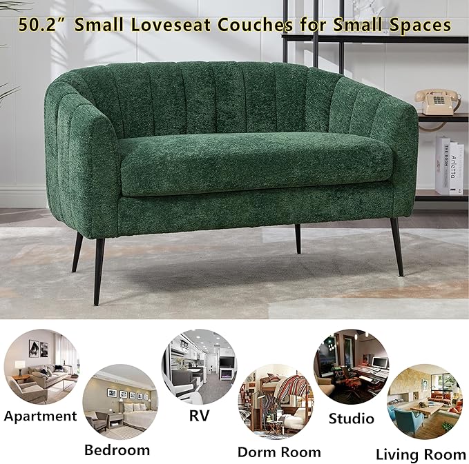 50.2 Small Sofa Couch for Small SpacesModern Green Corduroy Loveseat CouchesOval 2 Seater Sofas Love Seat with Black Metal Legs for ApartmentBedroomRV. (Green 50.2)