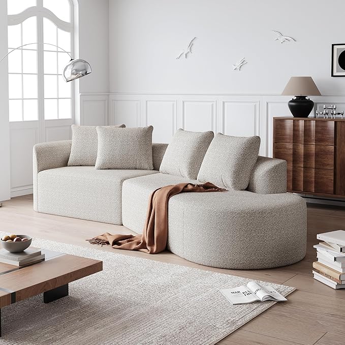 KEIKI 112 inch Curved Sectional Sofa 4 Seater Cloud Couch with 4 Throw Pillows Deep Seat Right-Facing Leisure Lounge Sofa for Living Room Beige