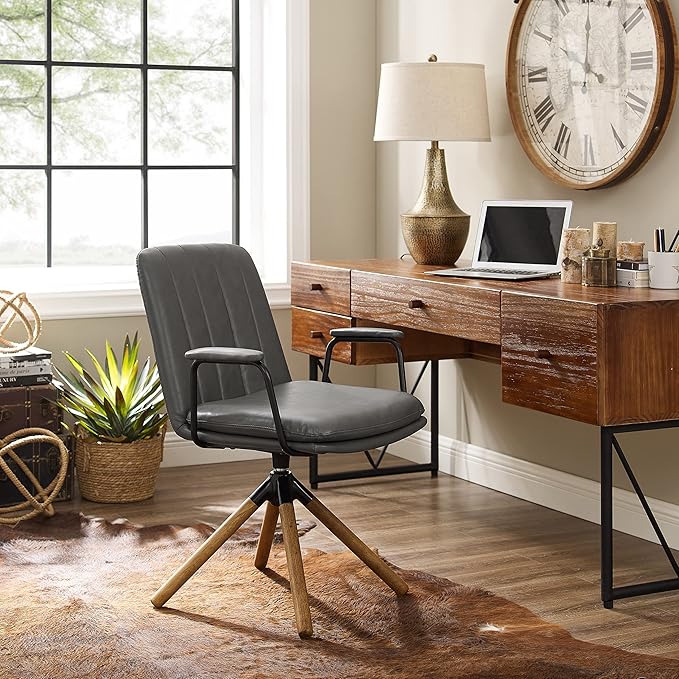 Art Leon Mid Century Modern Chair Oak Legs Swivel Accent Chair No Wheels Faux Leather Armchair for Small Spaces Home Office Living Room Bedroom Gray