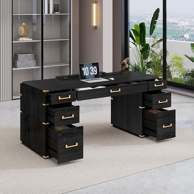 70 Extra-Large Executive Desk with 7 Drawers USB Ports &amp OutletGold Metal Hardware &amp Reinforced CornersModern Home Office Computer DeskBlack