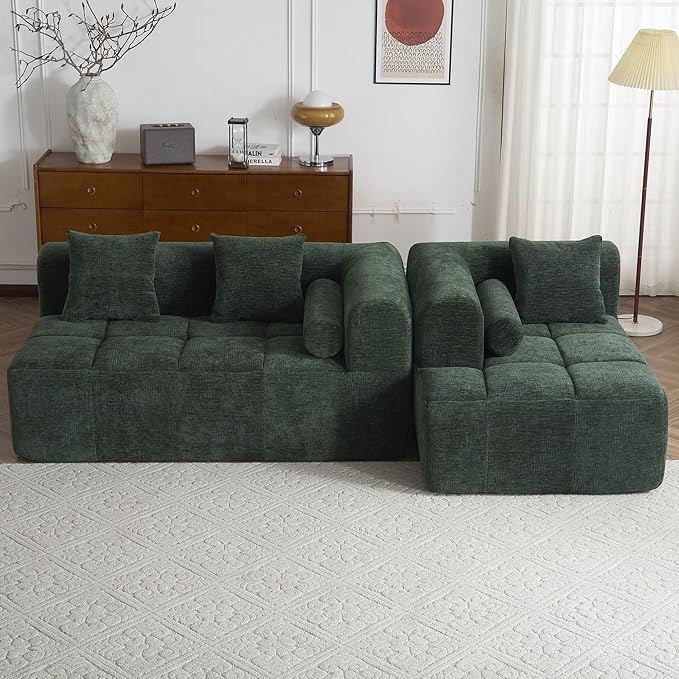 101.2 Sectional Sofa Full-Compressed Sofa Modular Sofa Couch Free-Combined with Deep Seating and Two Side Pockets for Living Room (Green@90)