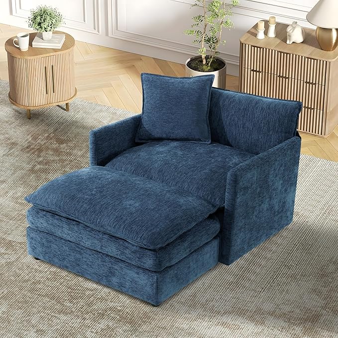 TTK Oversized Chaise Lounge Chair with Ottoman - 39.17 Wide Modern Sleeper Sofa for Living Room Bedroom &amp Office - Deep Seat Sectional Couch with Pillow Comfortable Reading Chair (Blue 39.17)
