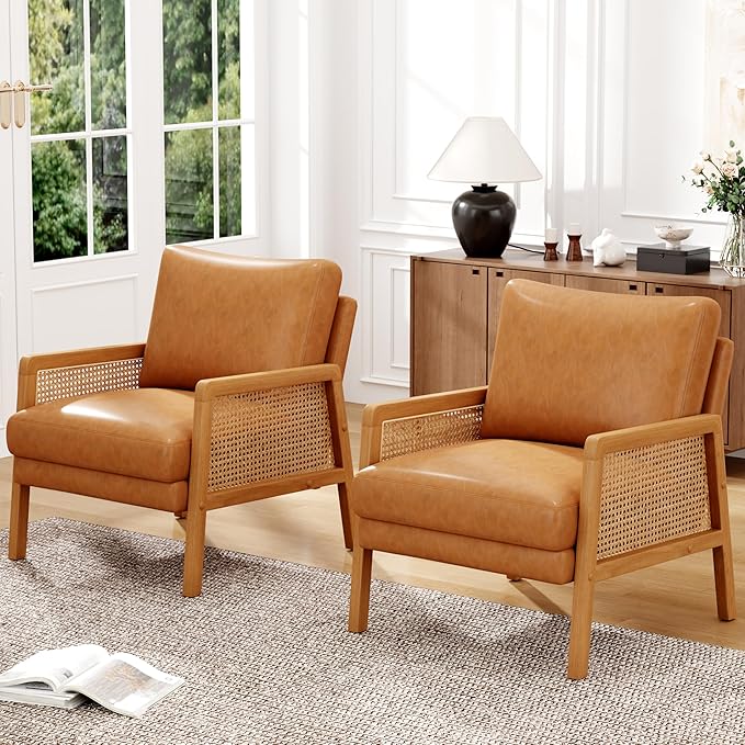 WENTMENT Faux Leather Accent Chairs Set of 2 Armchair with Natural Rattan Armrest Upholstered Living Room Chair Comfy Single Sofa Chair for Reception Room/Hosting Room/Bedroom(Brown)