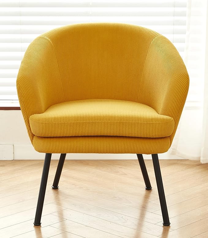 Modern Corduroy Accent Chair with Channel Back Design Black Metal Legs and Soft Upholstery Comfortable Seating for Living Room Bedroom or Office Yellow