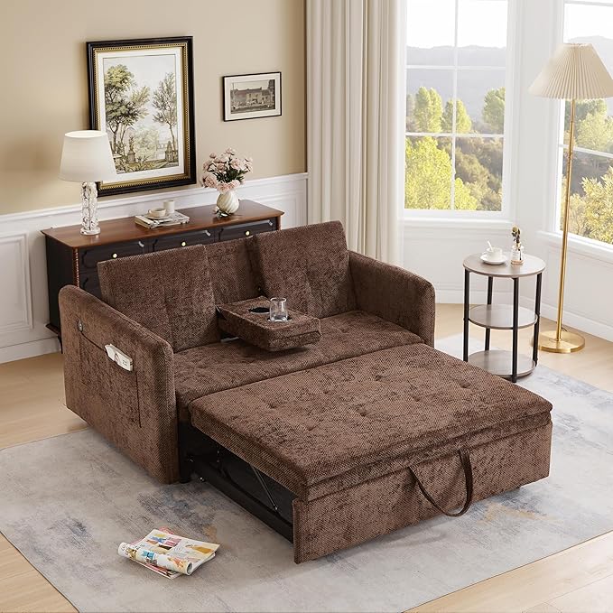 57.48 Convertible Sofa Bed with Cup Holder Pull Out Sleeper Sofa Bed with USB Charging Ports 3 in 1 Convertible Sleeper Sofa Bed for Living Room Apartment Bedroom RV Brown