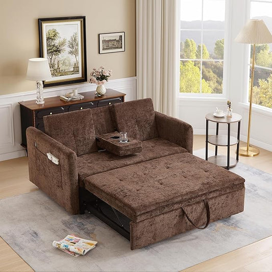57.48 Convertible Sofa Bed with Cup Holder Pull Out Sleeper Sofa Bed with USB Charging Ports 3 in 1 Convertible Sleeper Sofa Bed for Living Room Apartment Bedroom RV Brown