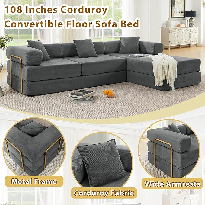 108 W Corduroy Modular Cloud Couch with Fixed-Shape Frame Oversized L-Shaped Sectional Sleeper Sofa Bed with Pull Out Bed No Assembly Modern Floor Boneless Couch for Living Room (Gray)