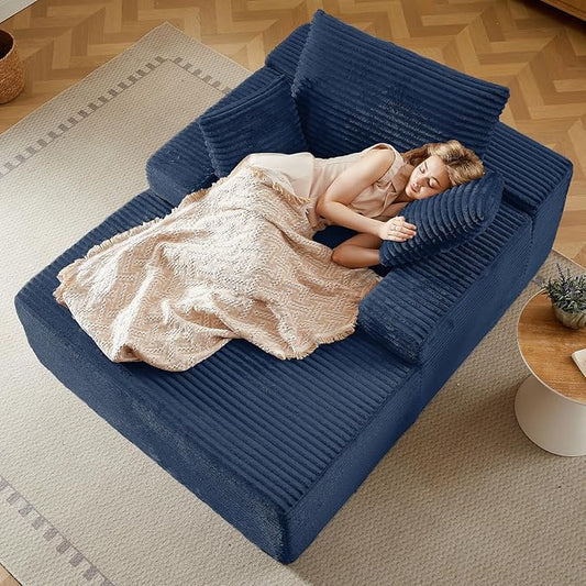 50 Oversized Chaise Lounge Chair IndoorCorduroy Boneless Reading Chair with 3 PillowsDeep Seat Cloud Sofa BedComfy Modern Sleeper Chairs in Box for Living Room BedroomNo Assembly(Blue)